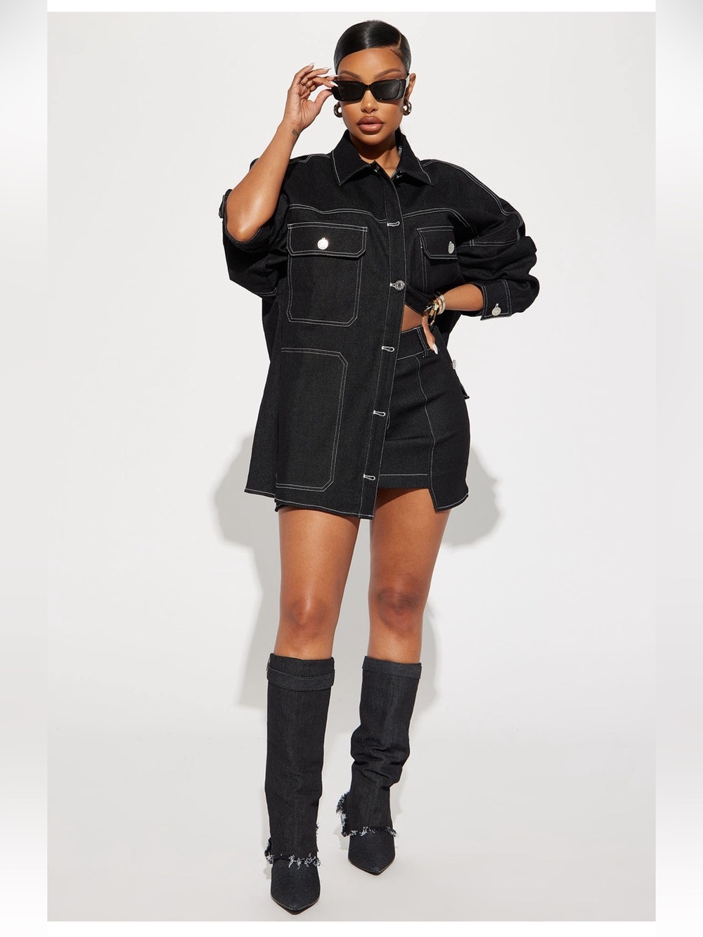 Black Contrast-Stitch Oversized Denim Jacket Skirt Set